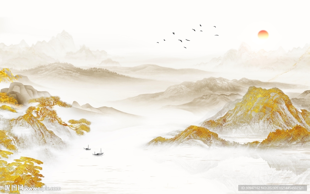 金色 背景画山水图 tIf分层
