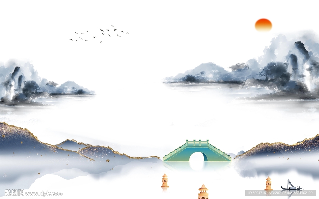 现代 背景画山水图 tIf分层