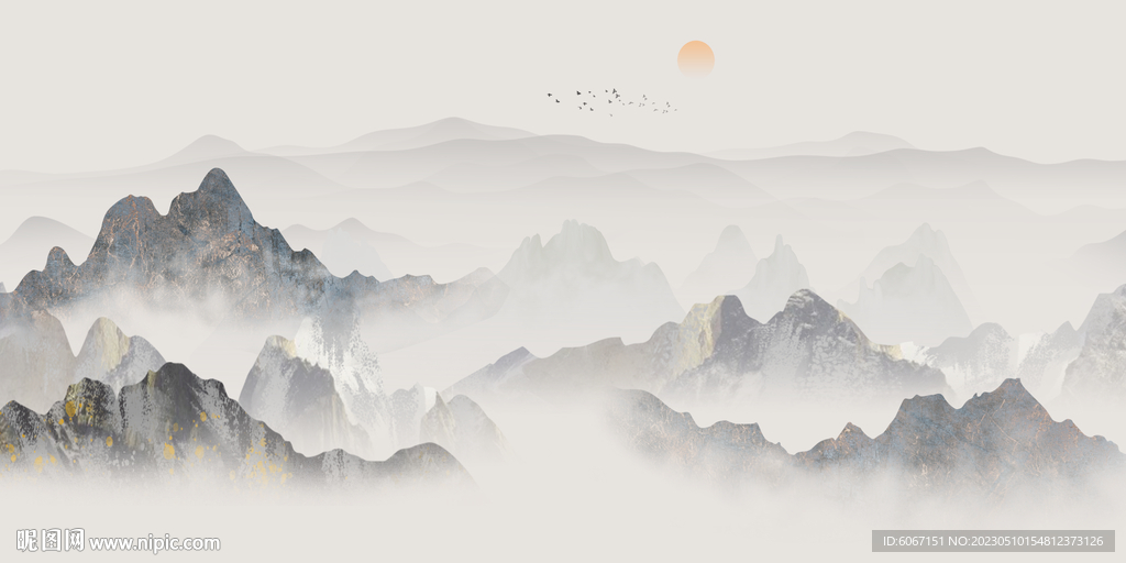 中式床头水墨山水画背景墙