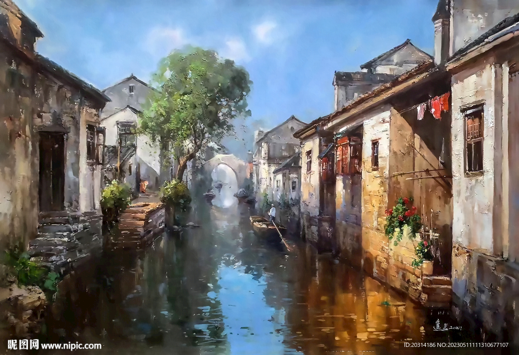 江南水乡风景油画