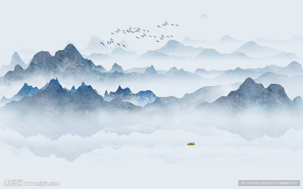 新中式床头山水画背景墙