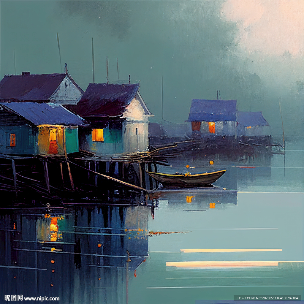 当代油画 渔村清晨
