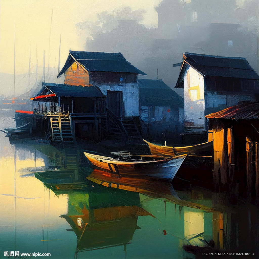 当代油画 渔村清晨