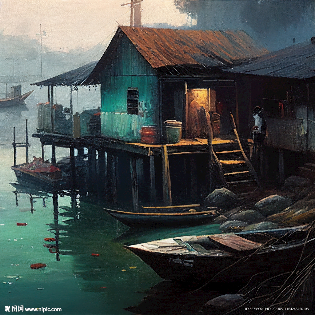 当代油画 渔村清晨