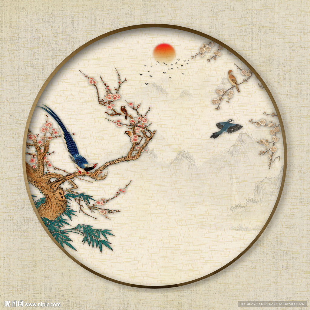 圆形山水花鸟画