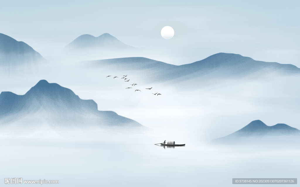 新中式蓝色水墨山水装饰画背景墙