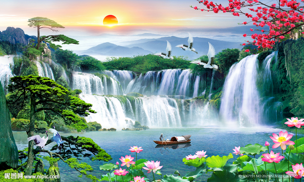 迎客松瀑布流水生财挂画