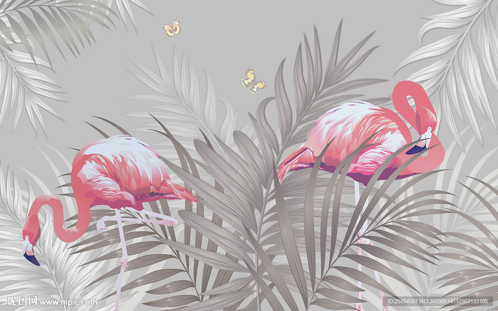 热带植物火烈鸟棕榈树背景墙