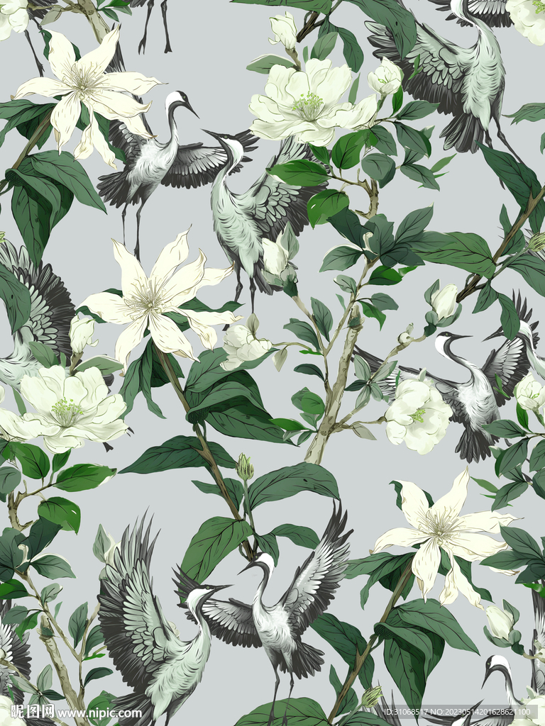 汉服绿色叶子灰色鹤