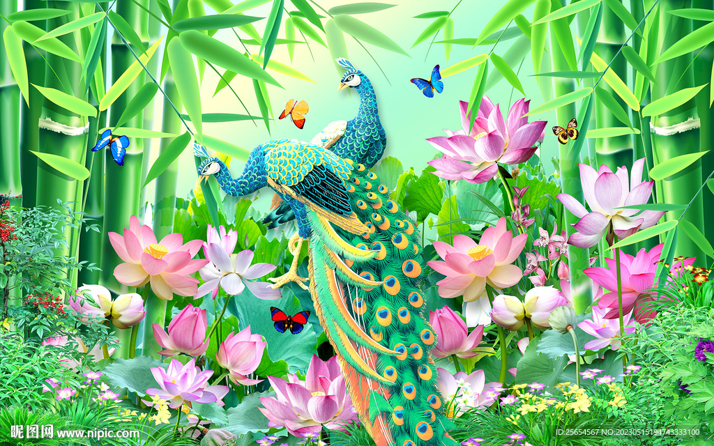 美丽孔雀荷花中式背景墙