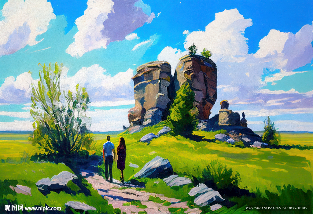 当代油画 草原情侣