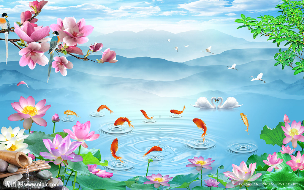 山水风景画鸟语花香电视背景墙