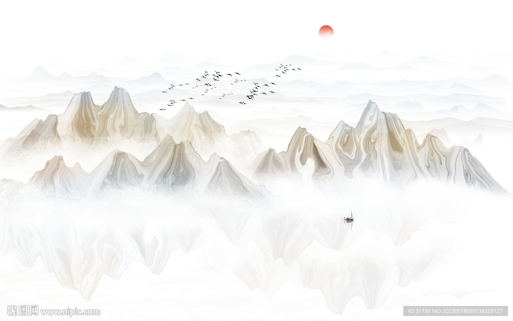 意境水墨山水画背景墙