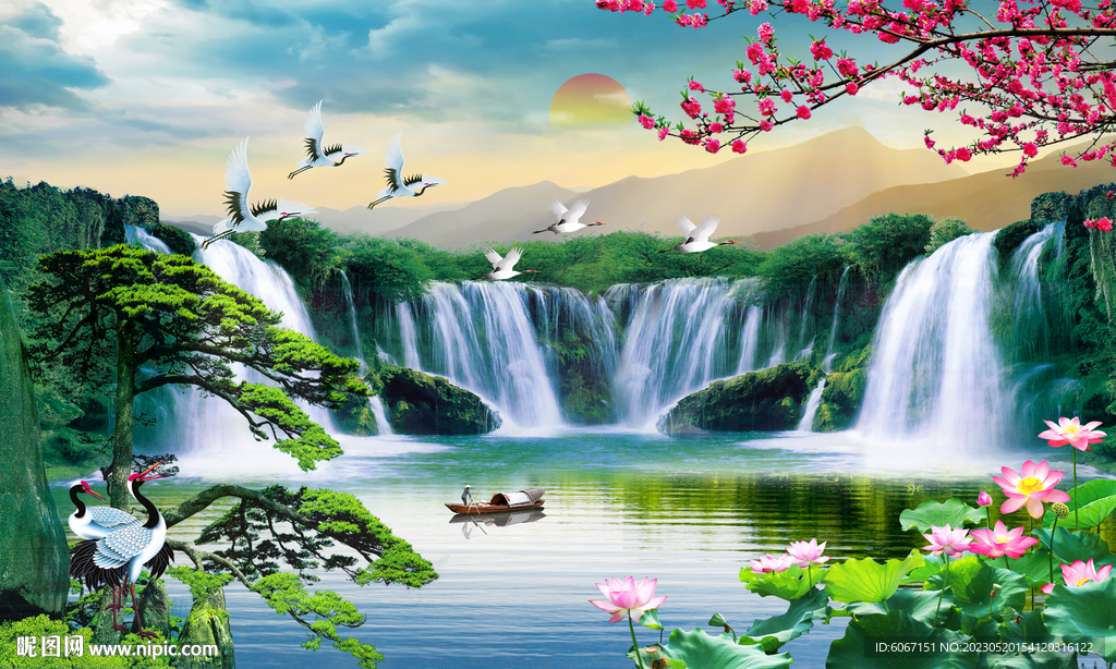 迎客松瀑布山水画装饰画