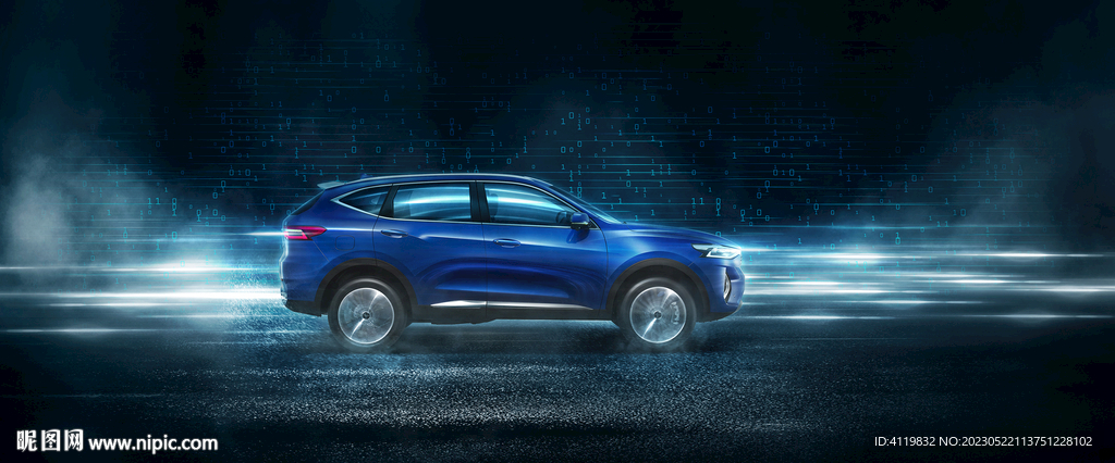 夜景蓝色调飞驰汽车广告