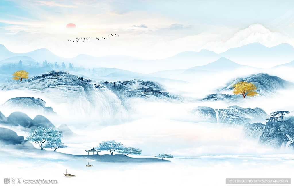 高清 中式客厅山水 TIf分层