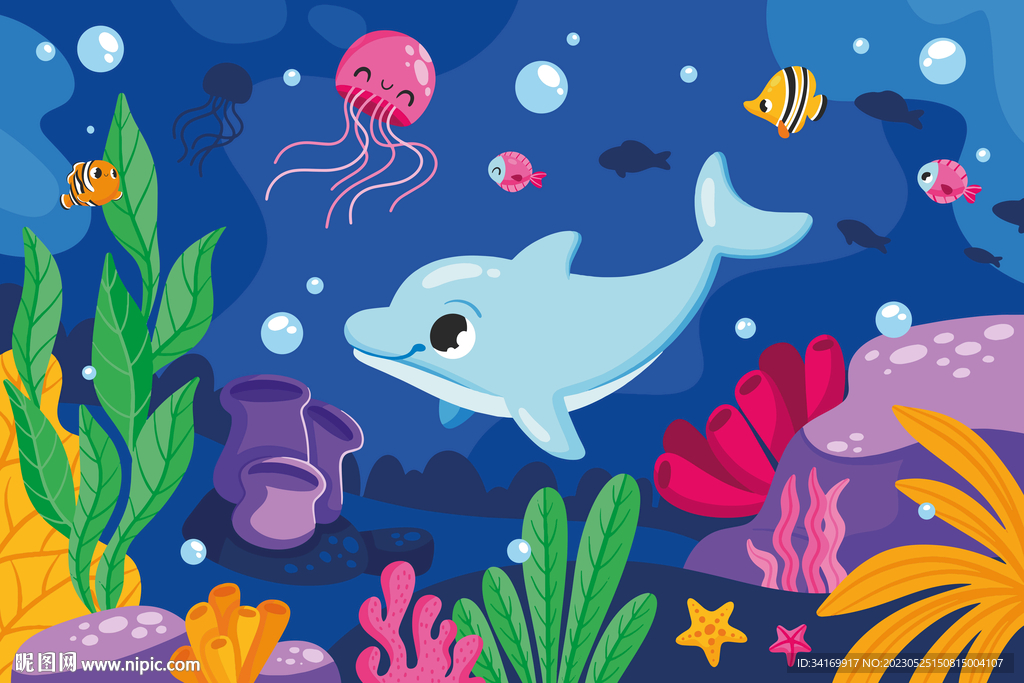 海底世界卡通海豚珊瑚热带鱼背景