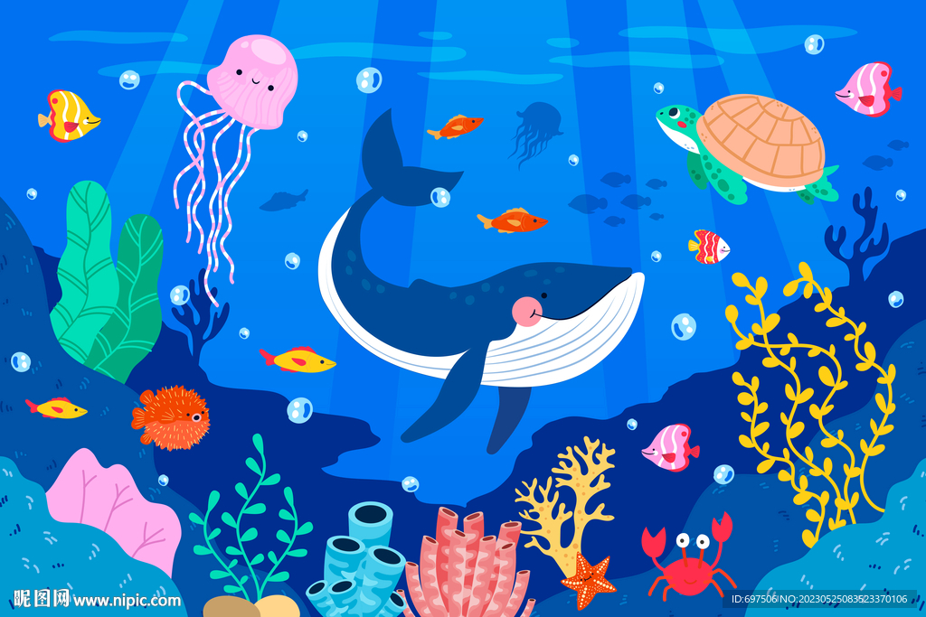 卡通鲸鱼海底世界珊瑚热带鱼背景