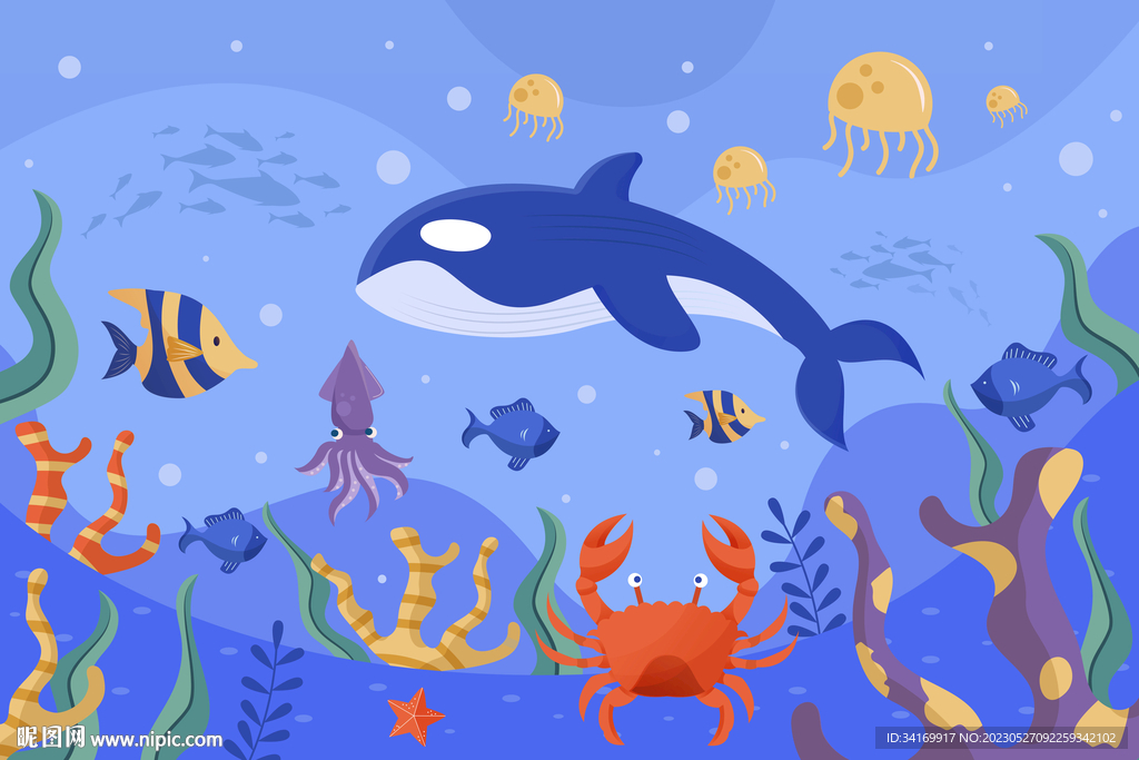 手绘海底世界卡通鲸鱼热带鱼背景