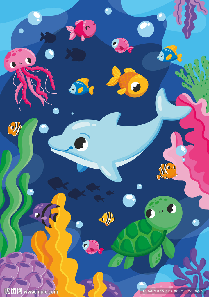 卡通海洋动物可爱海豚水族馆背景