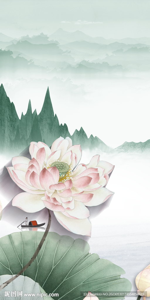 荷花 轻奢玄关山水 TIF分层