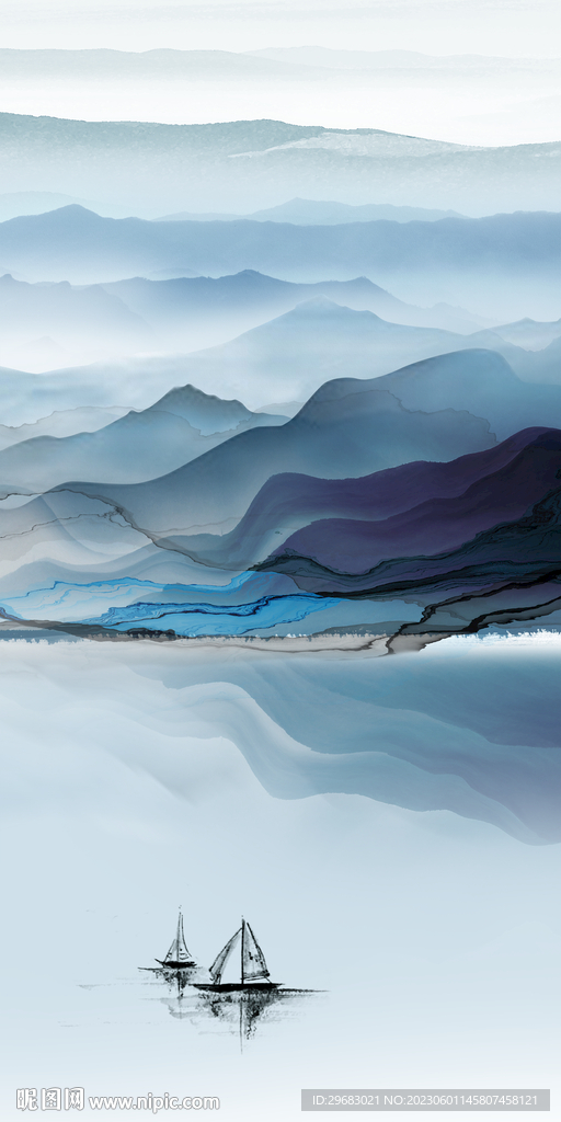 蓝色 极简山水玄关 Tif分层