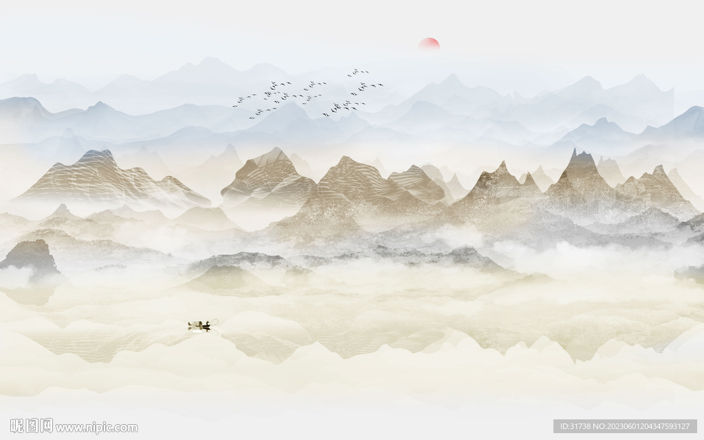 意境水墨山水画背景墙