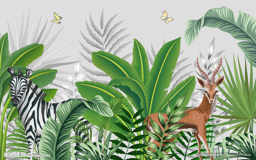 清新热带植物芭蕉叶棕榈叶背景墙