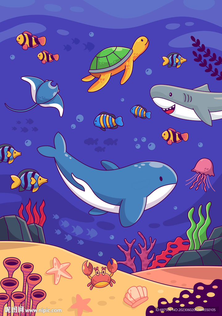 可爱海豚卡通热带鱼鲨鱼海底背景