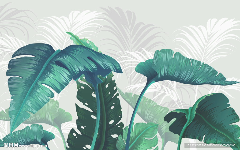 树林棕榈树沙发电视背景墙