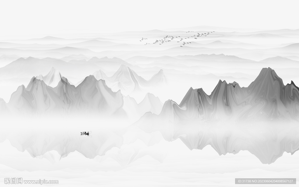 中式禅意水墨山水画