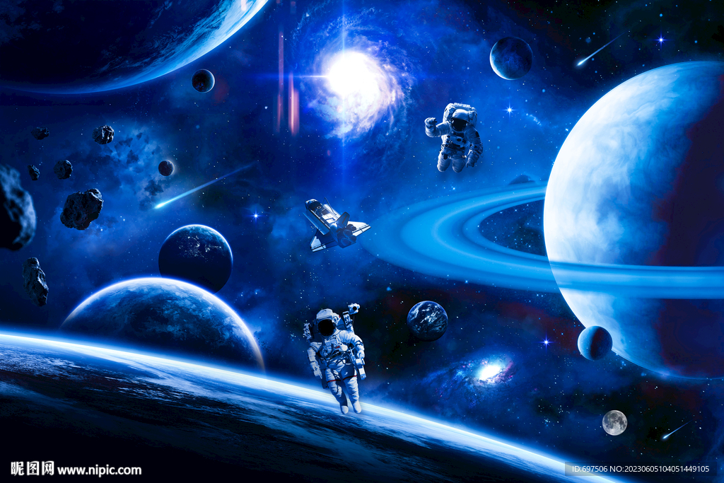 蓝色太空星球宇航员宇宙银河背景