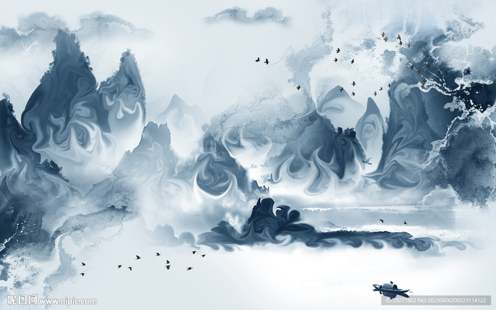 蓝色 意境山水背景 Tif分层