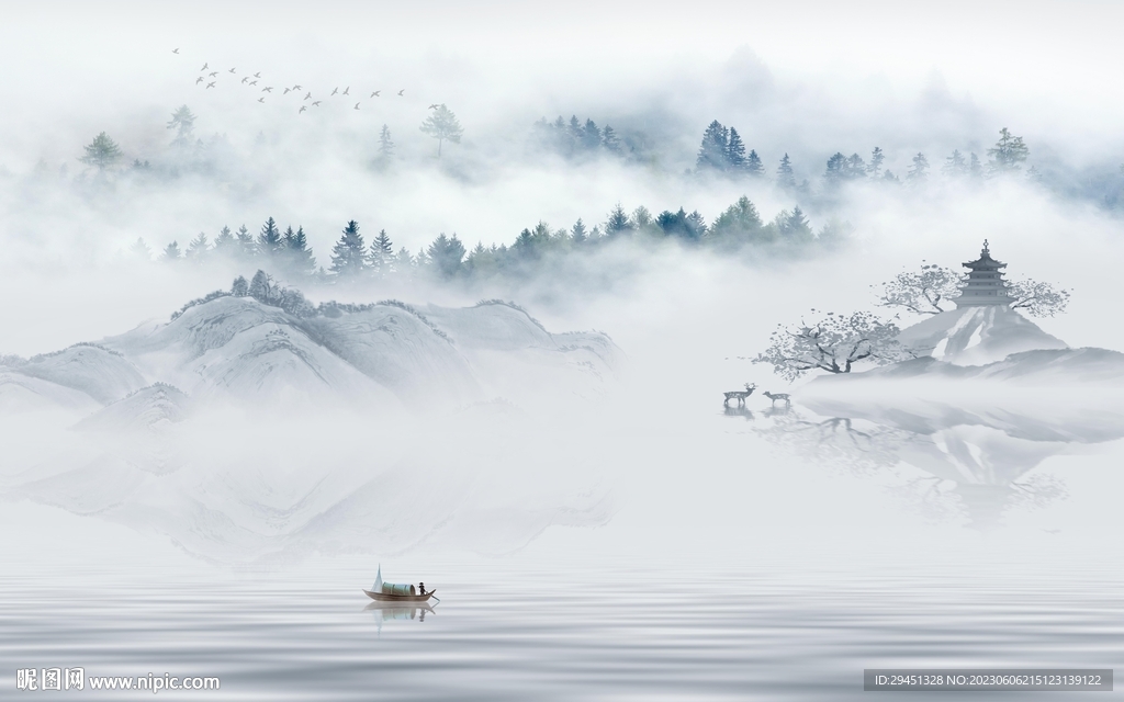 别墅 中式背景山水 tif分层