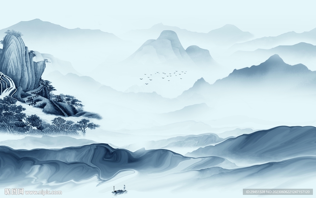 现代 中式背景山水 tif分层