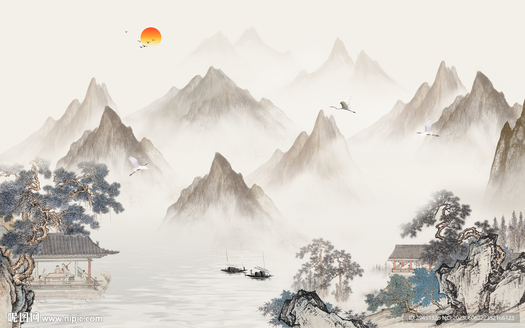 人气 中式背景山水 tif分层