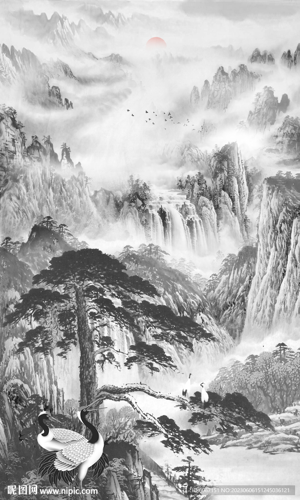 水墨国画迎客松