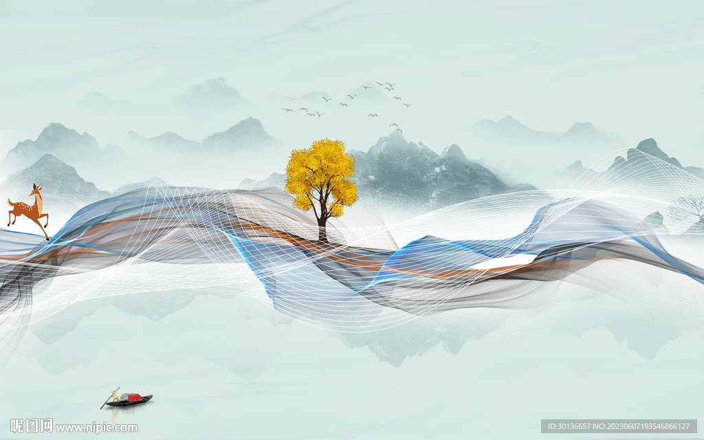 最新 中式背景山水 tif分层