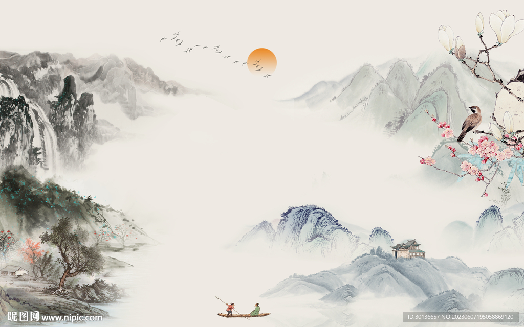 高端 中式背景山水 tif分层