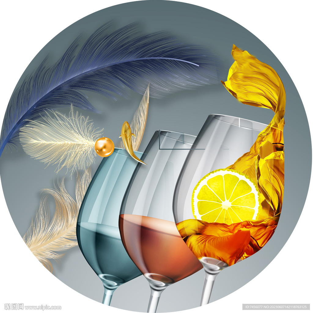 轻奢酒杯羽毛圆形挂画装饰画