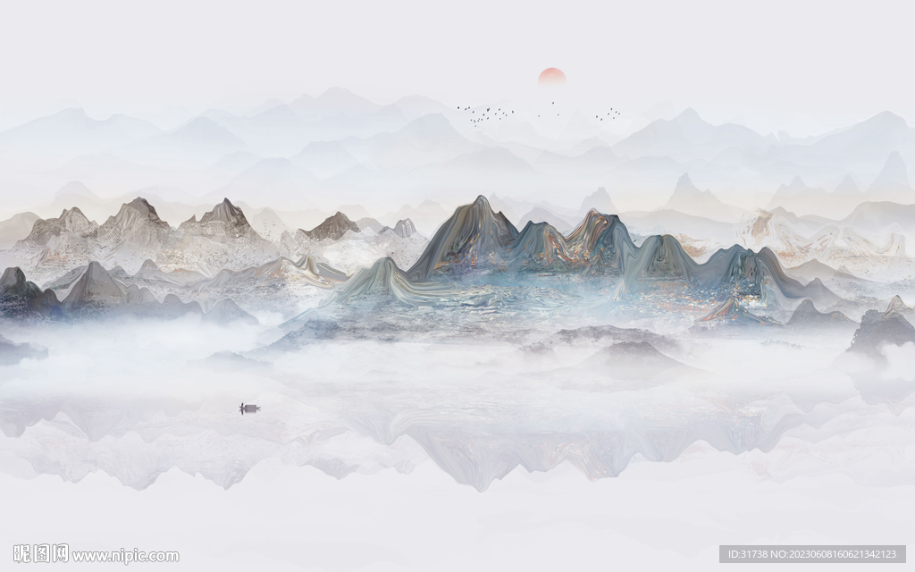 新中式床头山水画背景墙