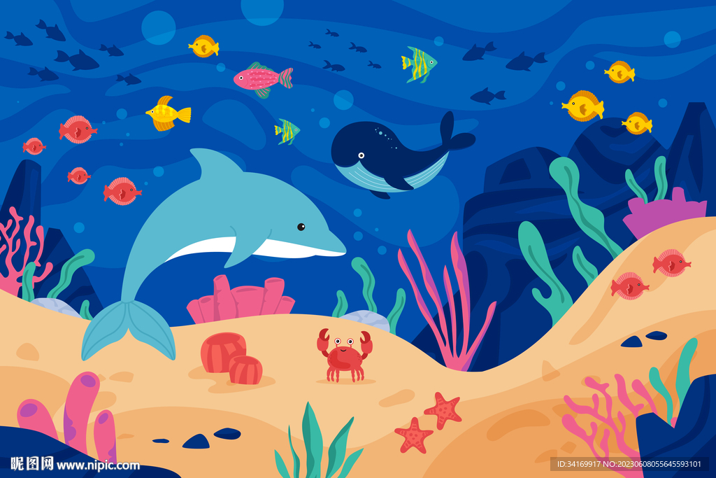 蓝色卡通海豚鲸鱼海底热带鱼背景