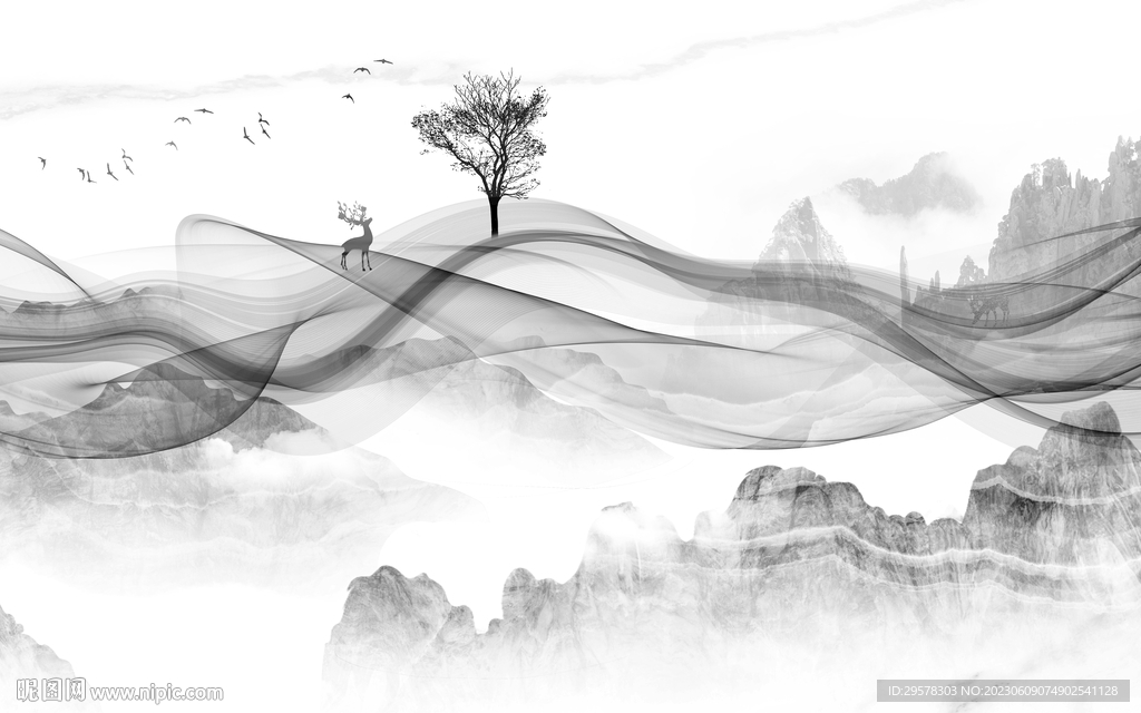 中式 意境灰色山水 TIf分层