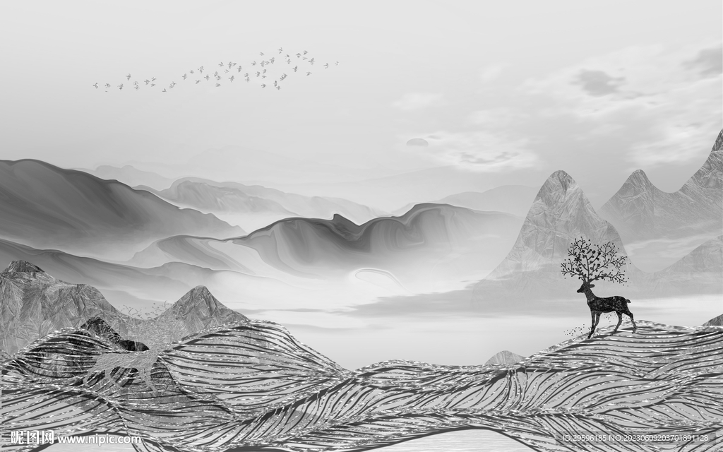 高清 高雅灰色山水 tIf分层