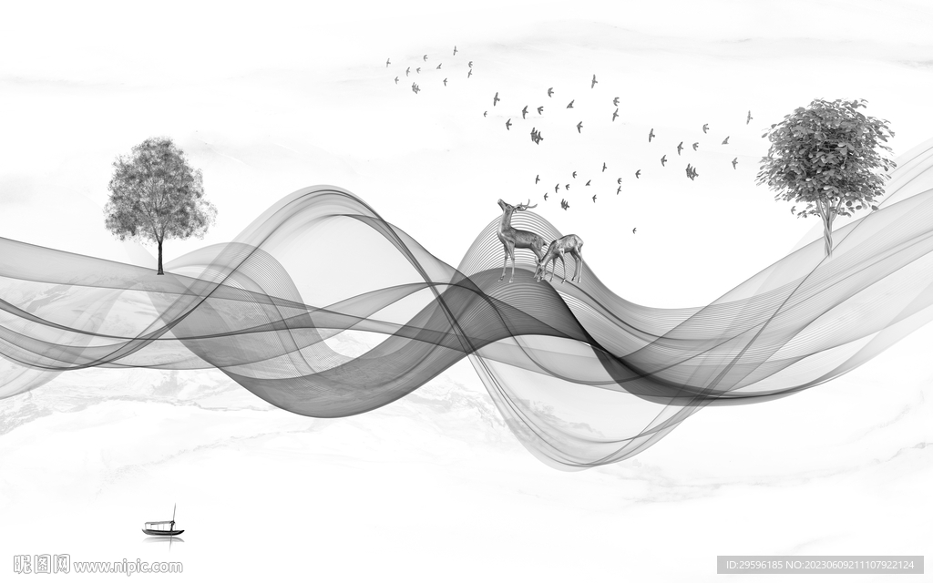 高清 简奢灰色山水 tIf分层