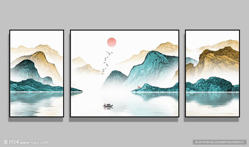 新中式三联山水装饰画