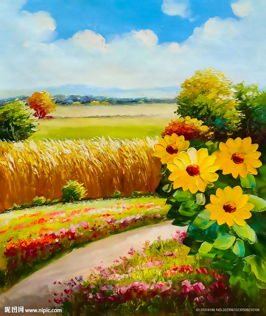 蓝天白云风景油画