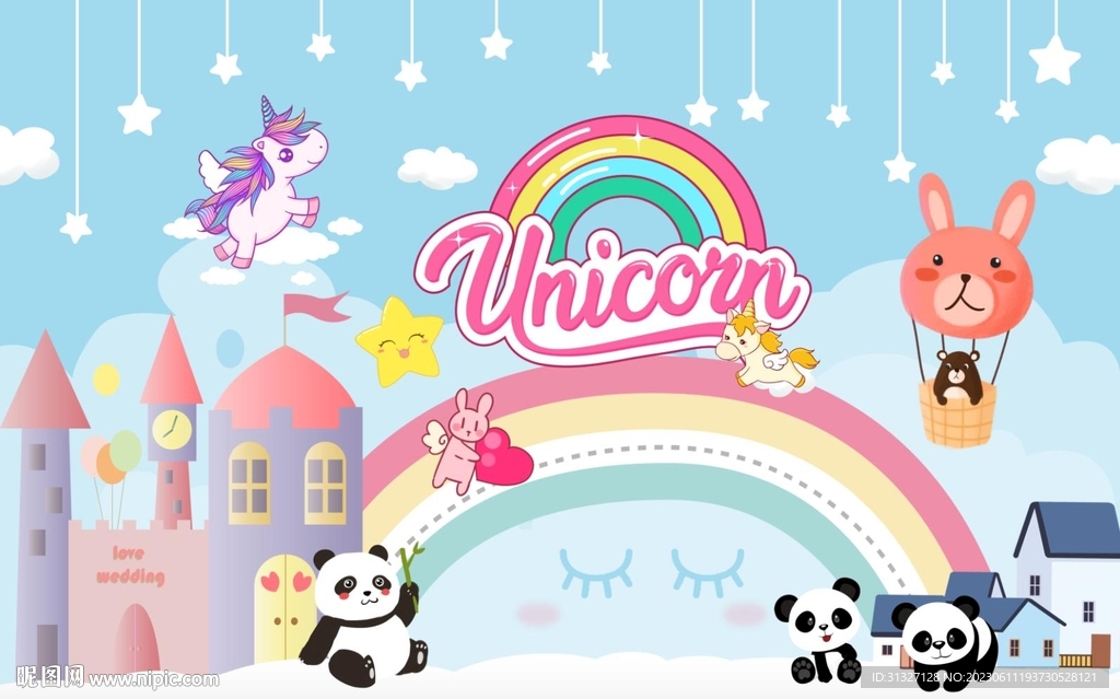 卡通小动物彩虹儿童房背景墙图片
