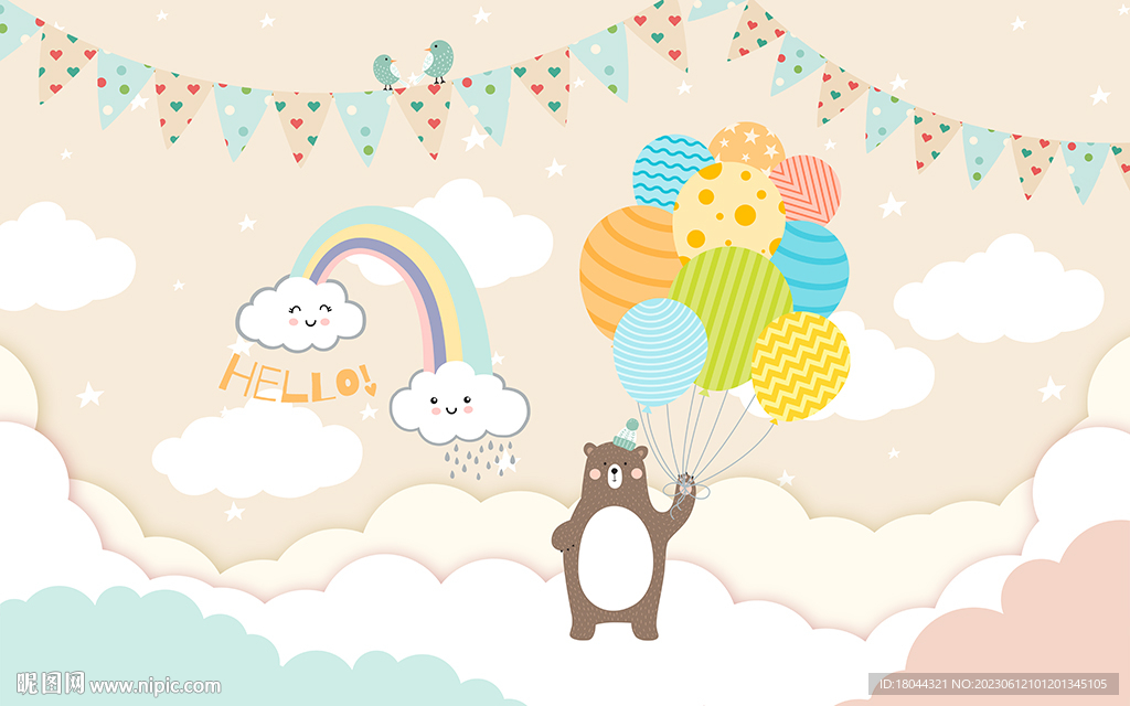 可爱卡通气球小熊儿童房背景墙