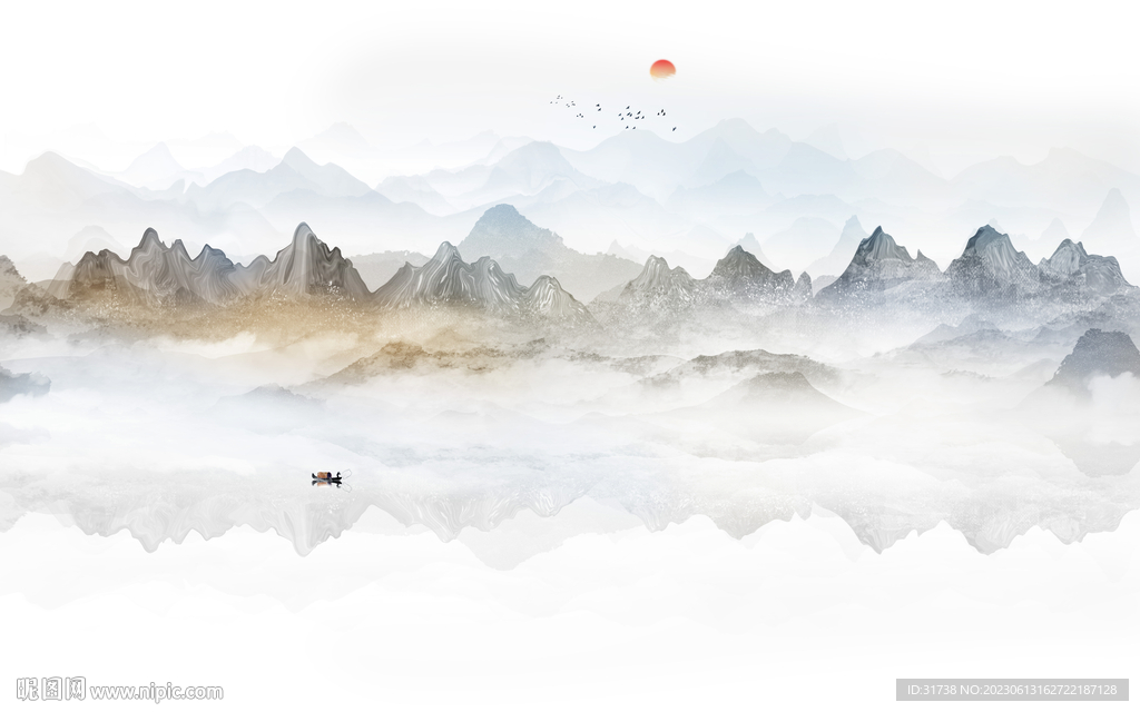 意境水墨山水画背景墙